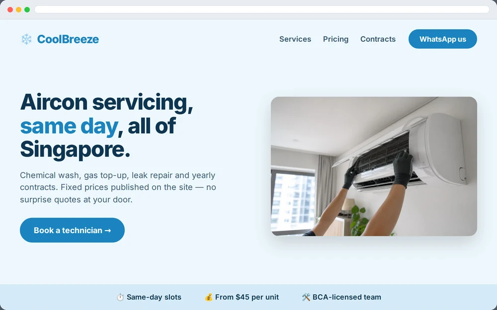 Sample website design for a Singapore aircon and trades business