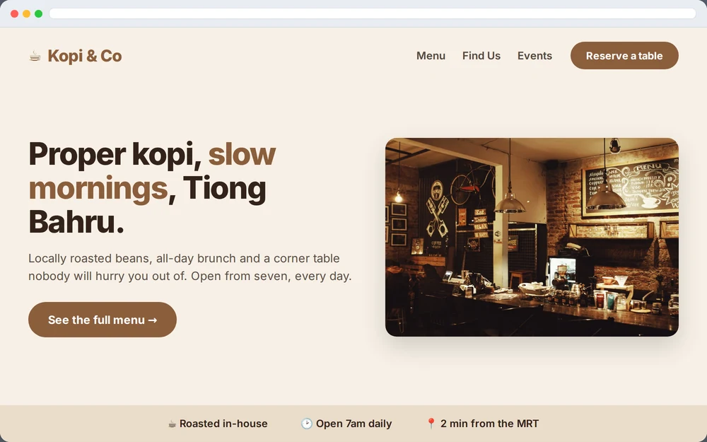 Sample website design for a Singapore cafe and restaurant business