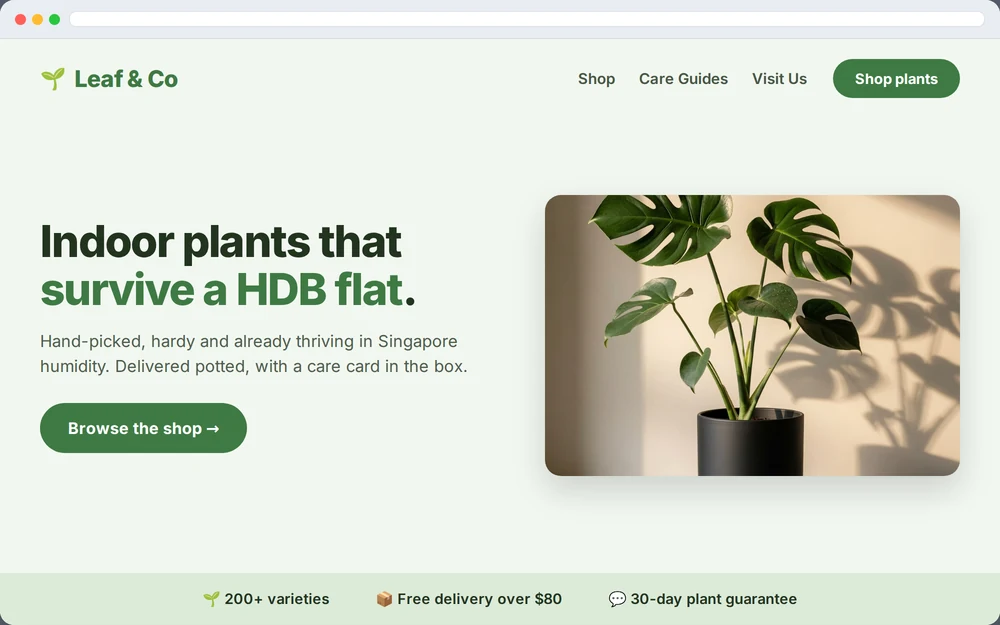 Sample website design for a Singapore plant shop and nursery business