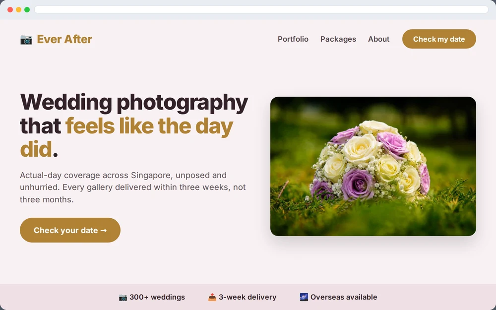 Sample website design for a Singapore photography and creative business